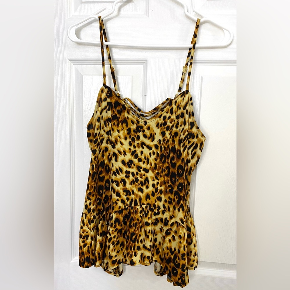 NWOT - Brown Leopard Sleeveless Peplum Blouse w/ Lace Up Detail in Back.